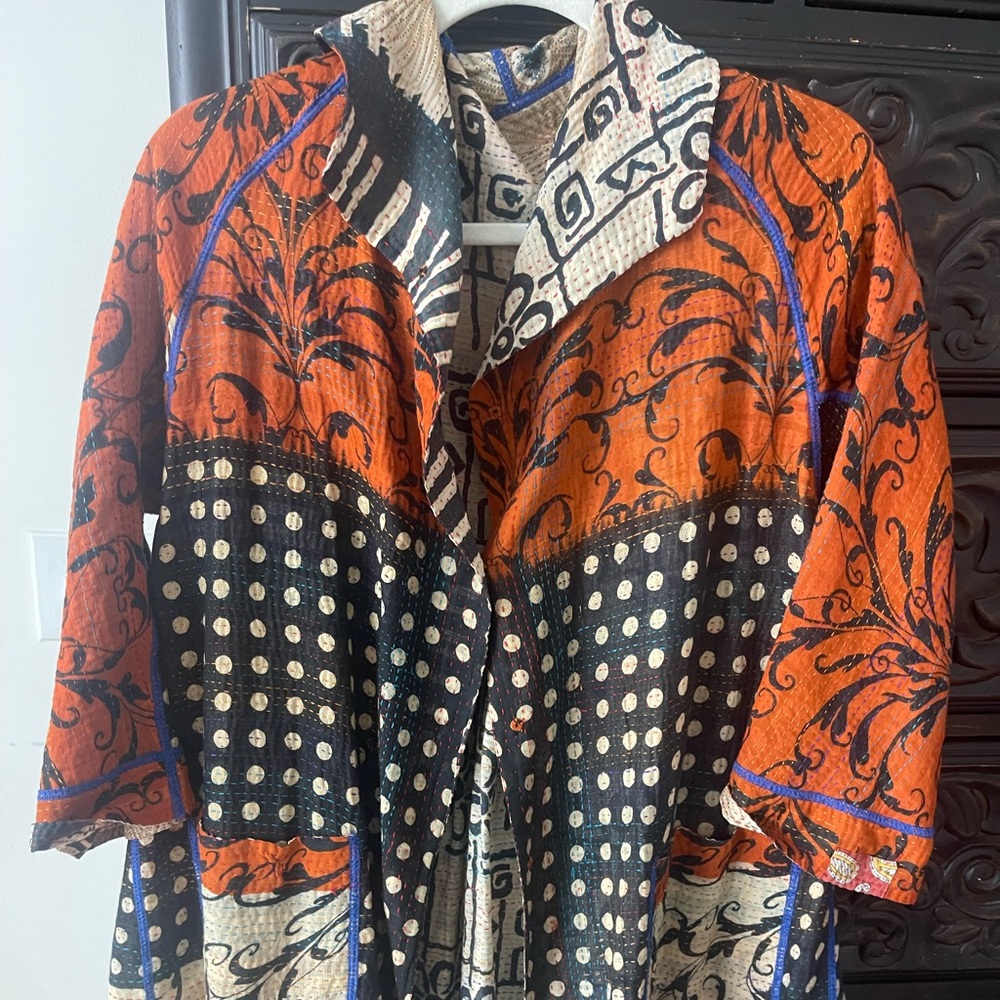 Mieko Mintz Kantha Kimono Reversible Jacket Black & Orange Mixed Print sz M